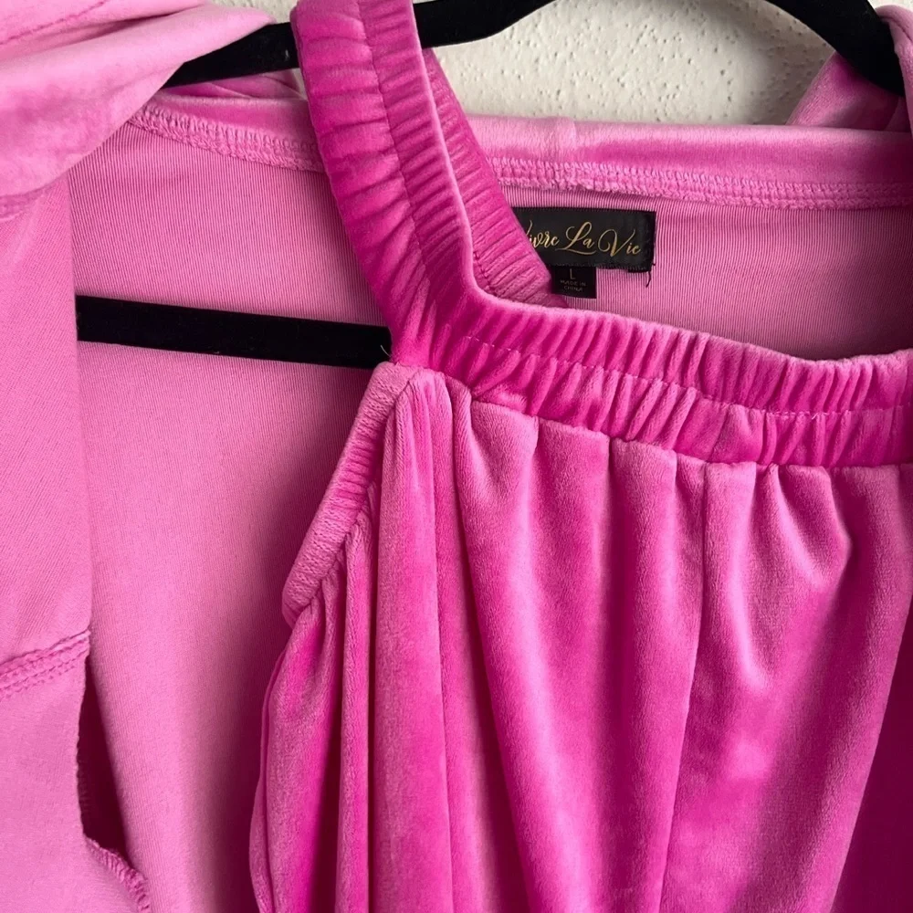 Vivre La Vie Velvet Pink Y2K Jogger and Crop Hooded Sweatshirt Set, Size L